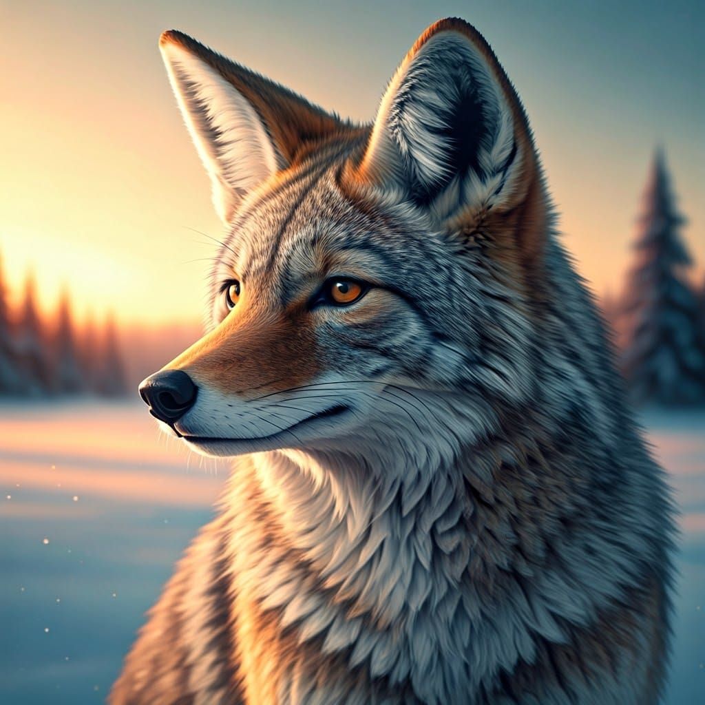 Wistful Coyote Portrait in Soft Watercolor Hues