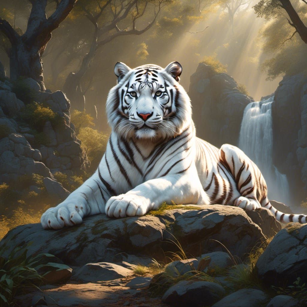<lora:Chivalry:1.0> A hyper realistic white tiger sitting on...