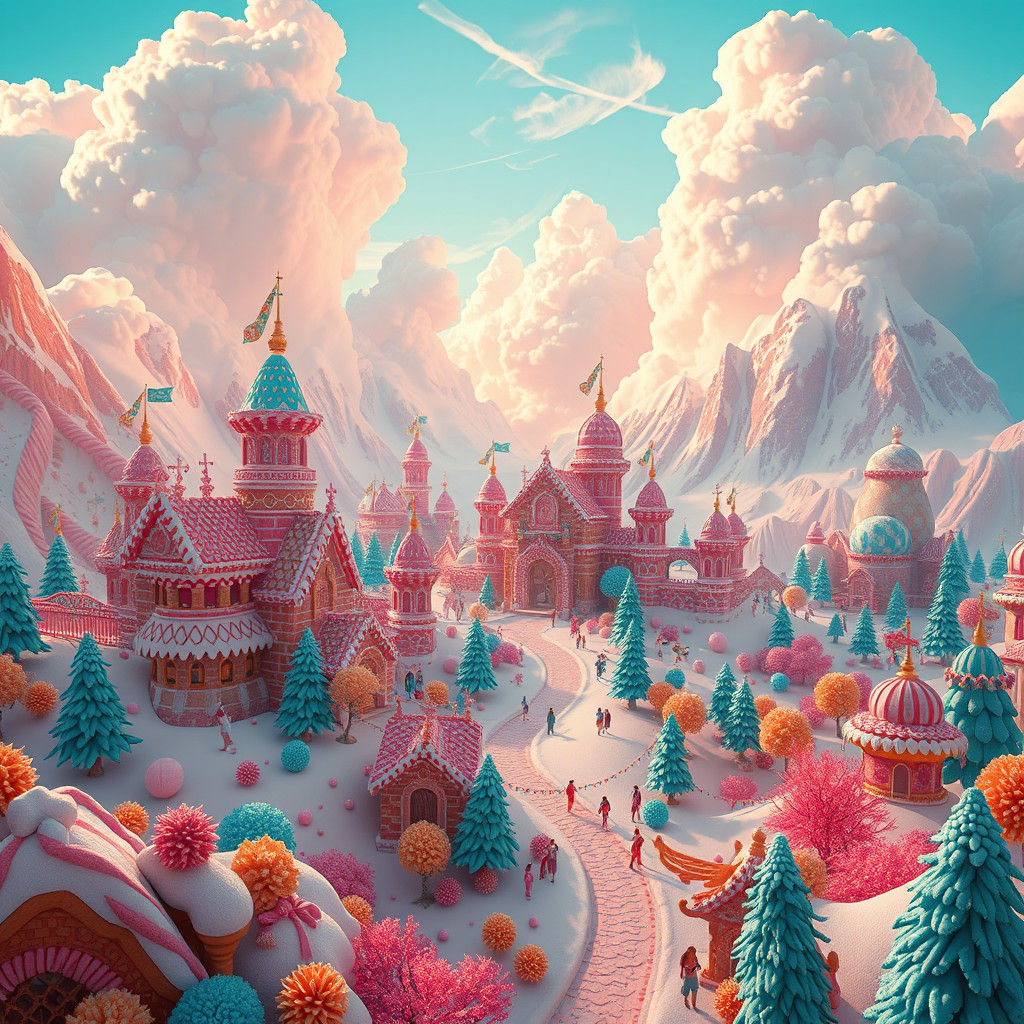 Vibrant Candy Kingdom with Gingerbread Architecture