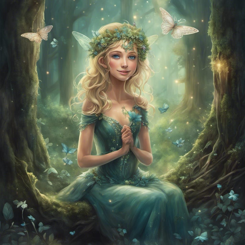 Illustrate an enchanted forest with a beautiful smiling fairy queen ...