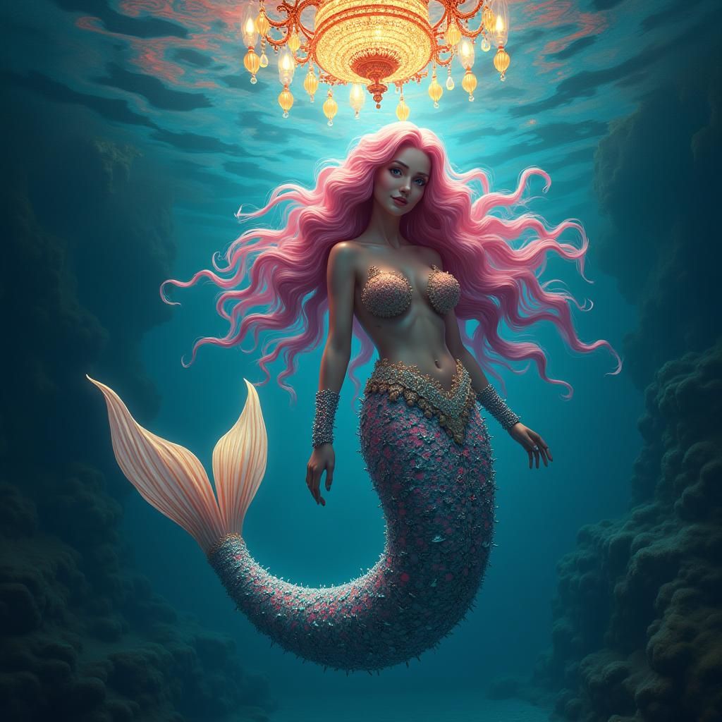 A voluptuous mermaid with fuschia hair swimming under a dazzling chandelier in the oil paint style of Nydia Lozano