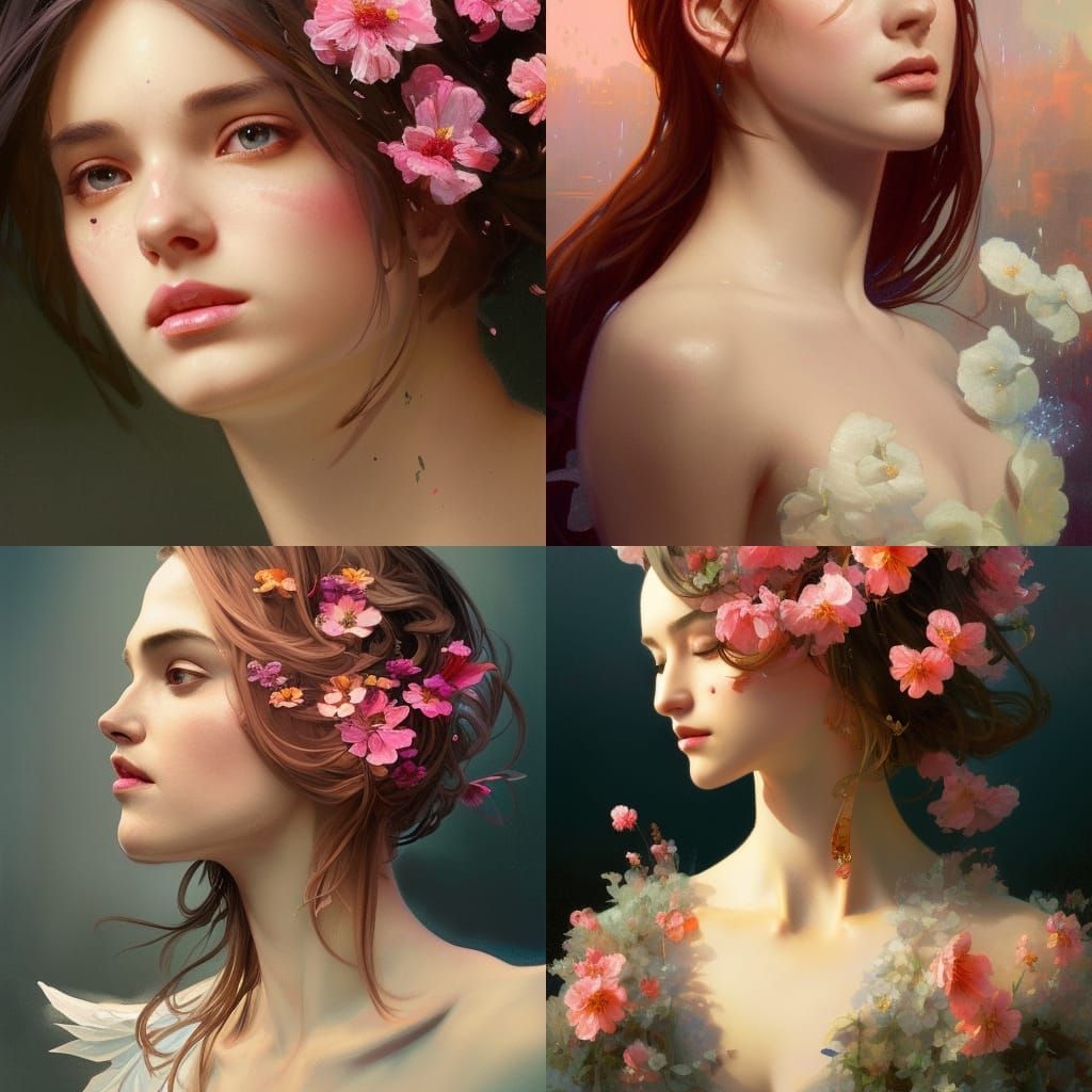 Detailed Floral Portrait in Art Nouveau Style