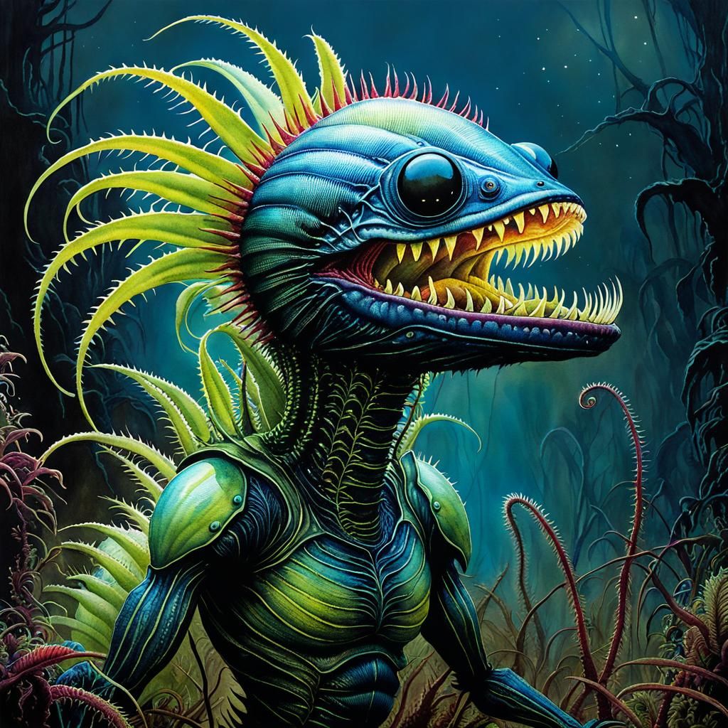 Sparkling bioluminescent Venus flytrap monster, scary, Detailed watercolor, Dark fantasy, modern art, ...  by @Diane