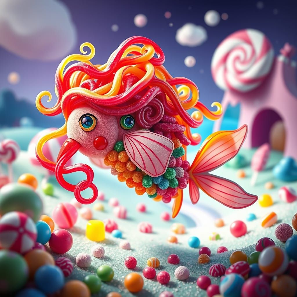 Whimsical Candy Pisces Zodiac Character in Vibrant, Swirly C...
