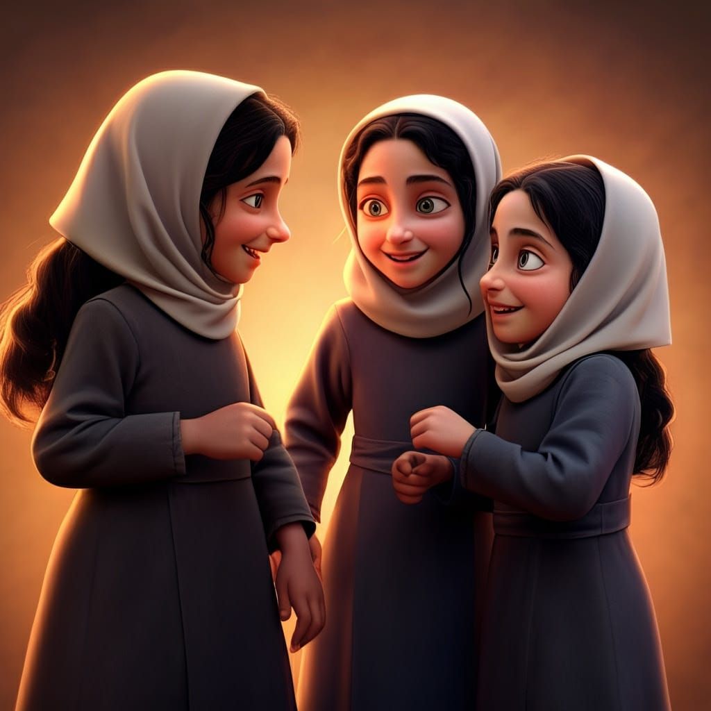 Orthodox Jewish Girls in Whimsical Modest Attire, Set Agains...