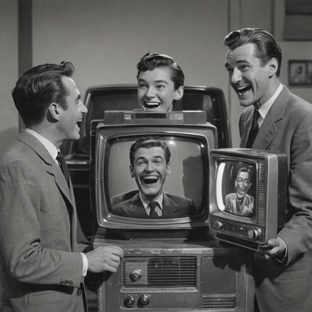 Vintage scene of two men and a one woman looking and laughin...