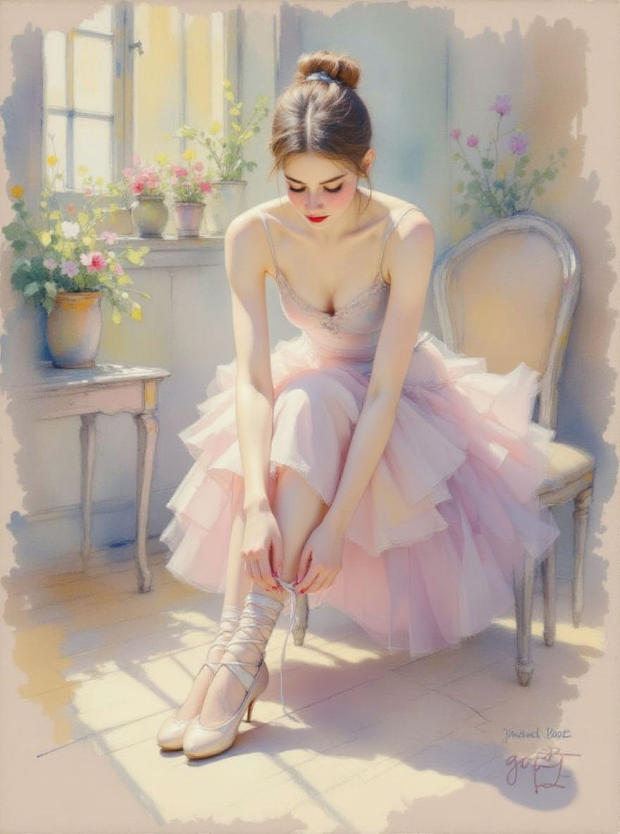 Ballerina Tying Slippers in Degas Style