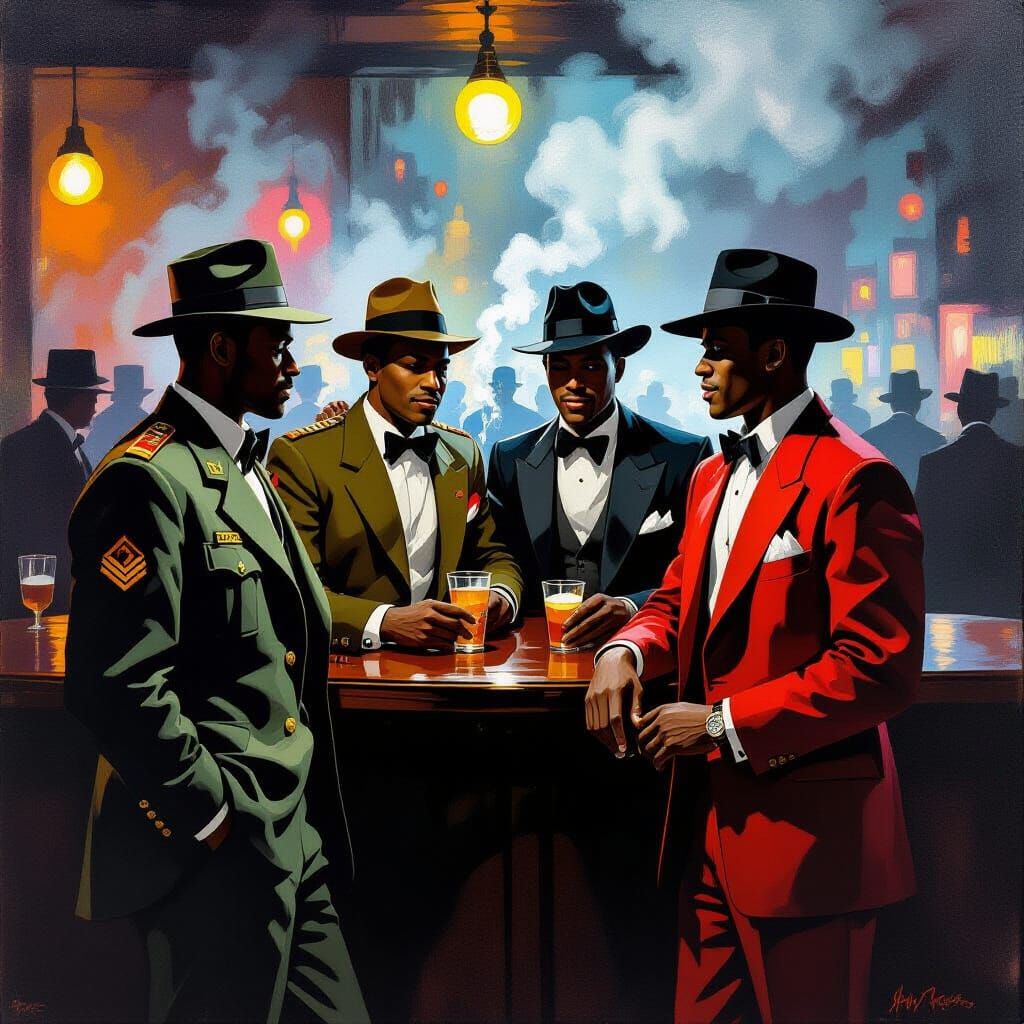 Create a post World War II men in army outfits and zoot suits drinking in a jazz club together, the men ...  by @marloblack