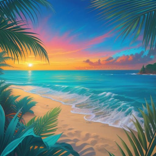 Vibrant Sunrise Beach Oil Painting with Crashing Waves