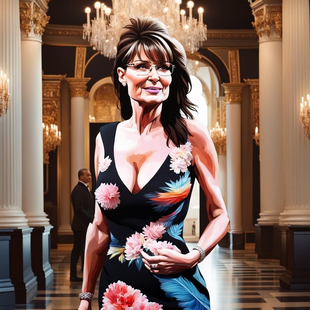 Sarah Palin in a black dress with straight hair on the runwa...