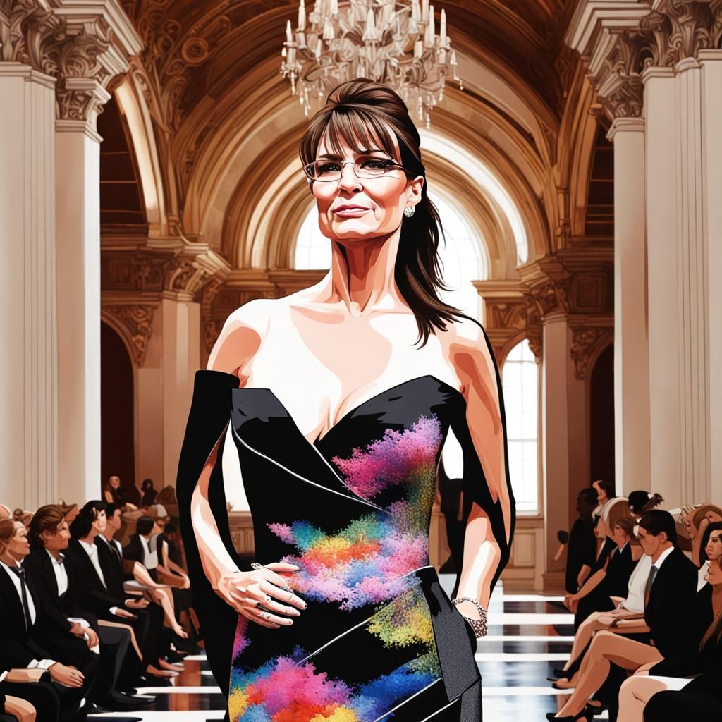 Sarah Palin in a black dress with straight hair on the runwa...