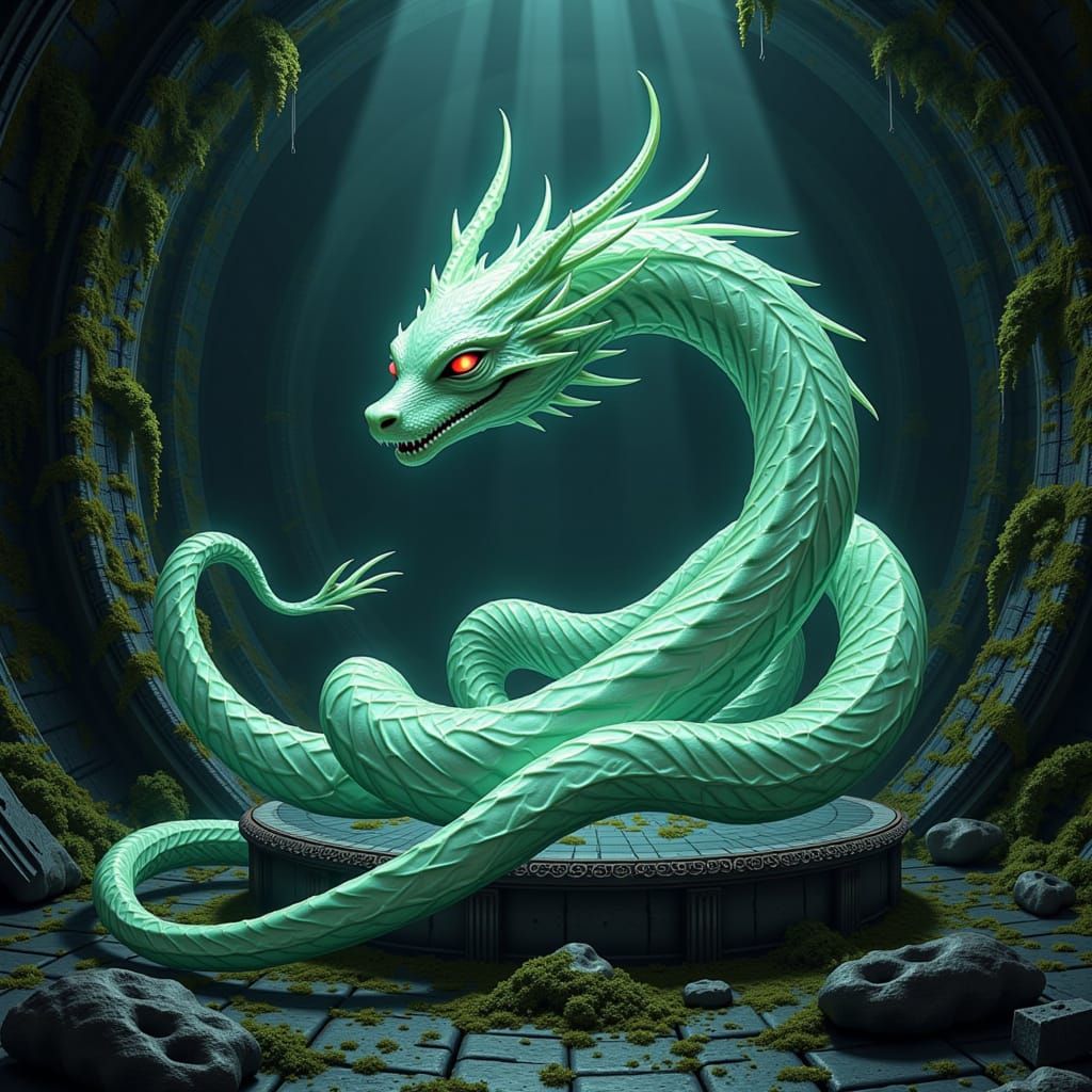 Spectral, glowing snake-like entity, Enduring Tenacity, with an otherworldly head, faintly glowing eyes, and delicate patterns across its se...