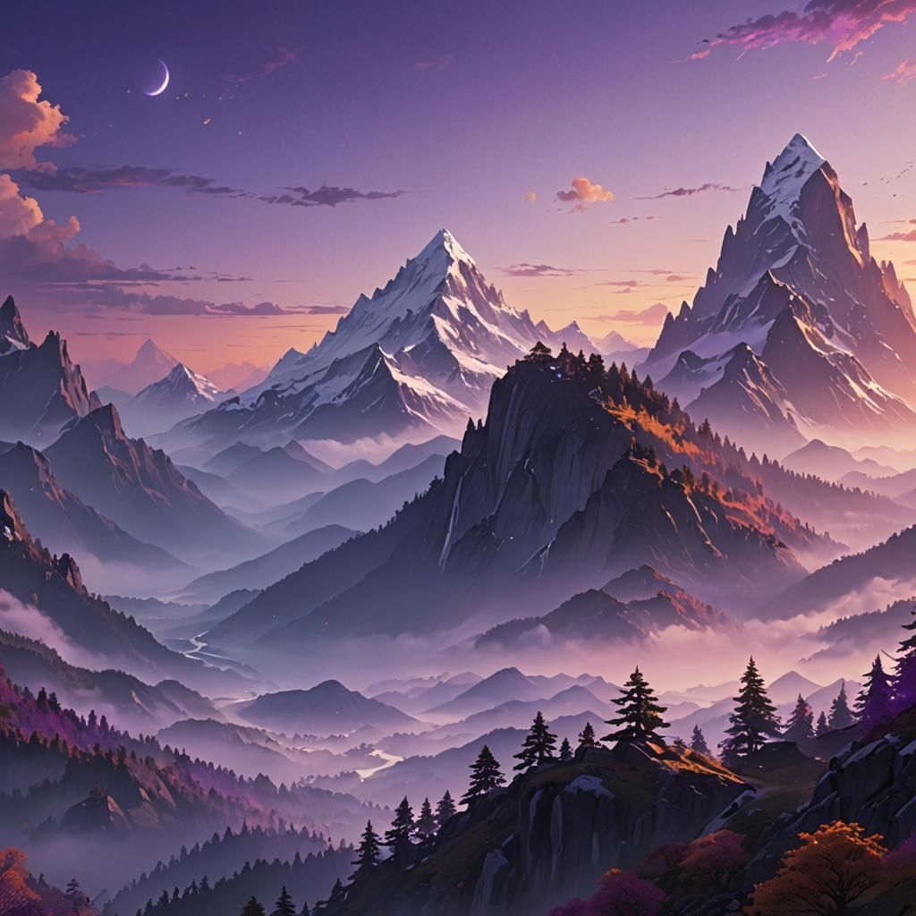 High fantasy epic mountain with a purple sunset, scenic background, high detail, high quality, Epic cinematic brilliant stunning intricate m...