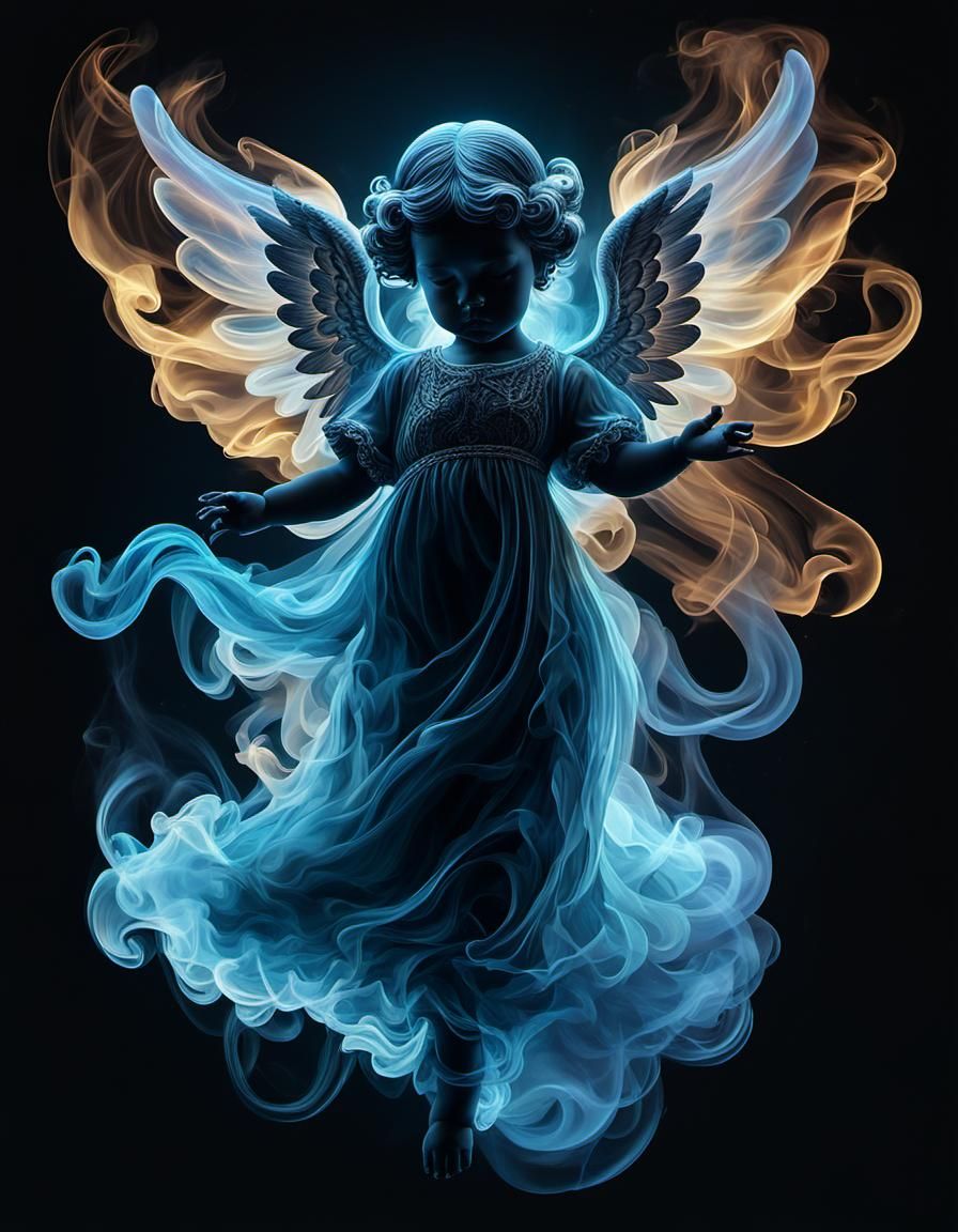 the delicate and ethereal silhouette of a cute baby angel made of smoke  by @Katia