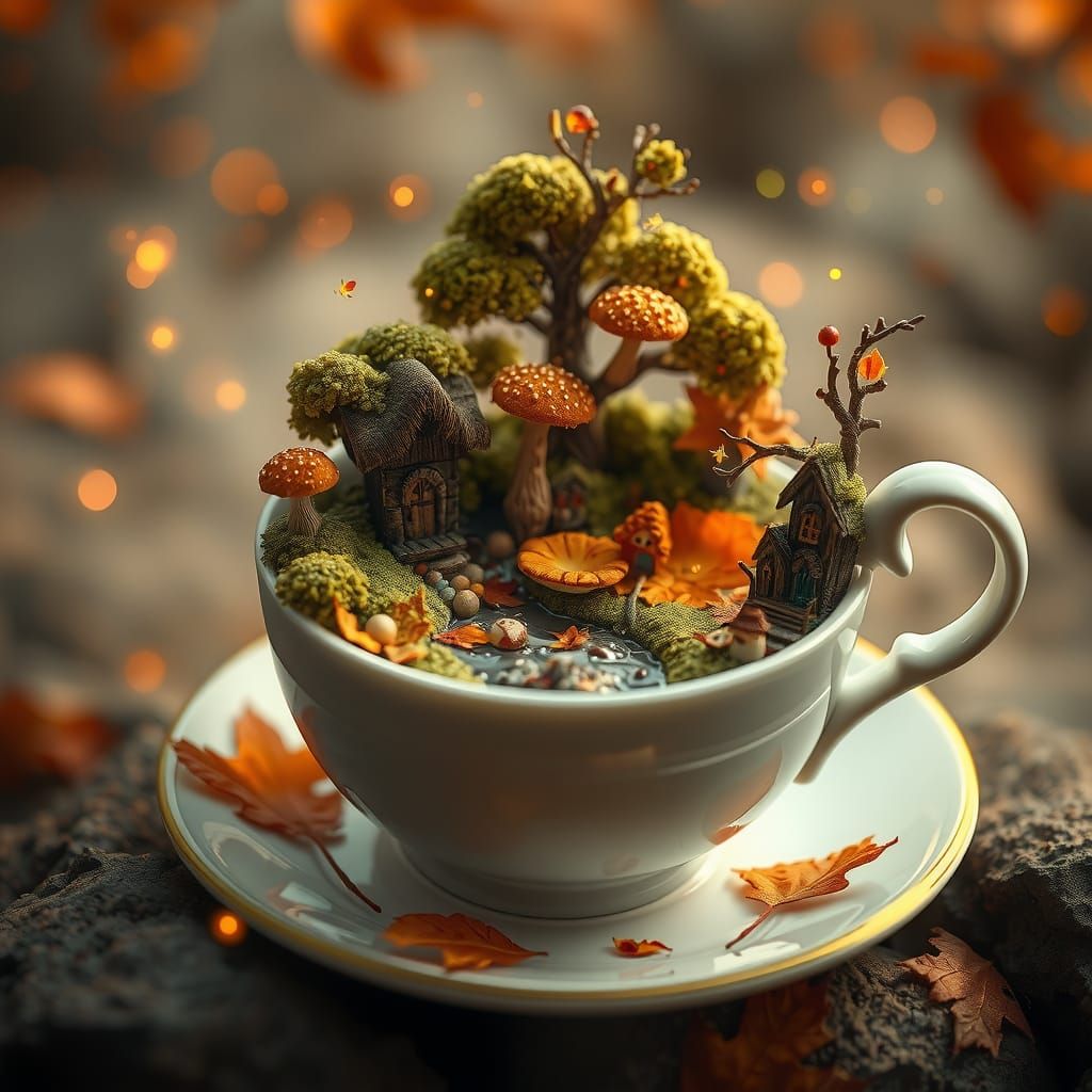 Miniature Fantasy autumn world inside a white teacup, autumn, mushrooms, fairy houses, river, fireflies, particles flying around, detailed f...