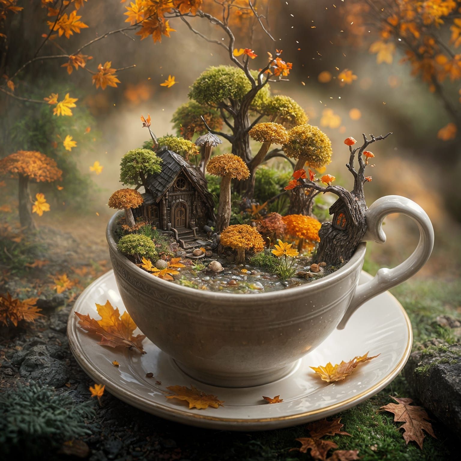 Miniature Fantasy autumn world inside a white teacup, autumn, mushrooms, fairy houses, river, fireflies, ...  by @Abott