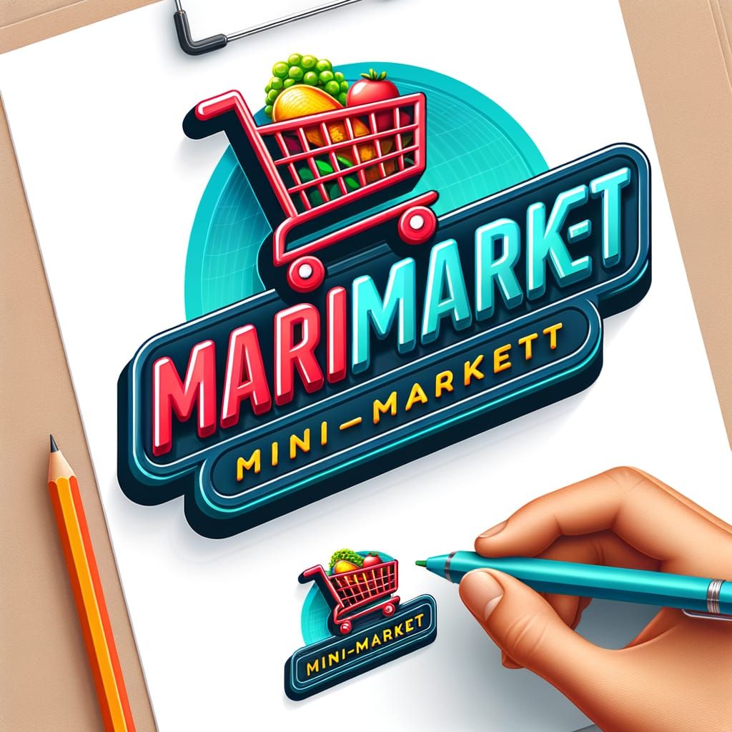 Quiero un logotipo para minimarket con un carrito de supermercado y el nombre de Marimarket, el diseño lo quiero en 3d con colores llamativo...