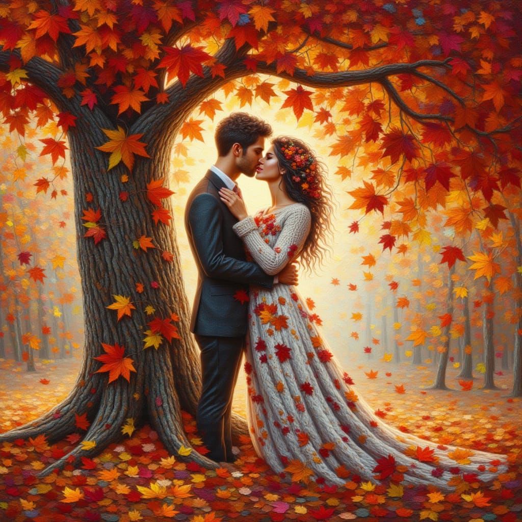<lora:kak-Autumnal:1.0>A n autumnal couple kisses under a tree