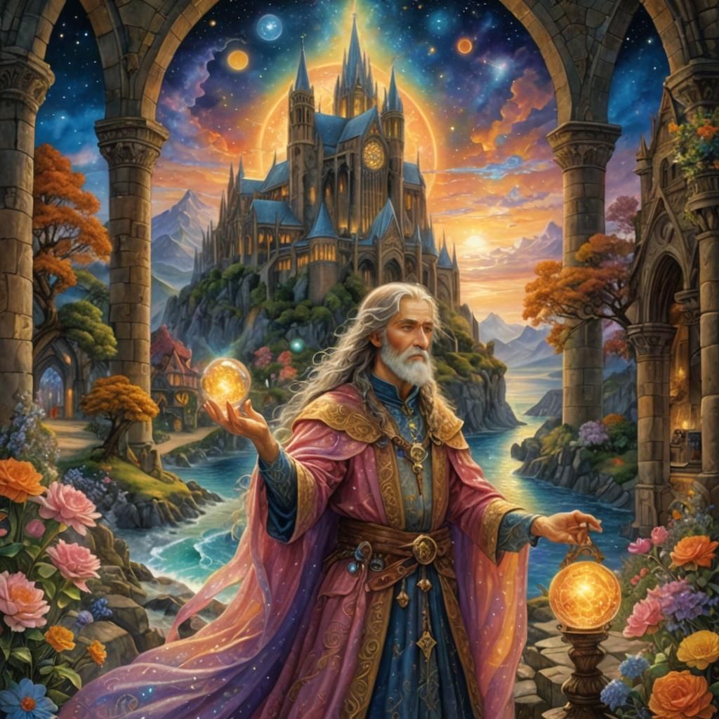 Sorcerer Casting Spells in Gothic Cathedral, Digital Matte P...