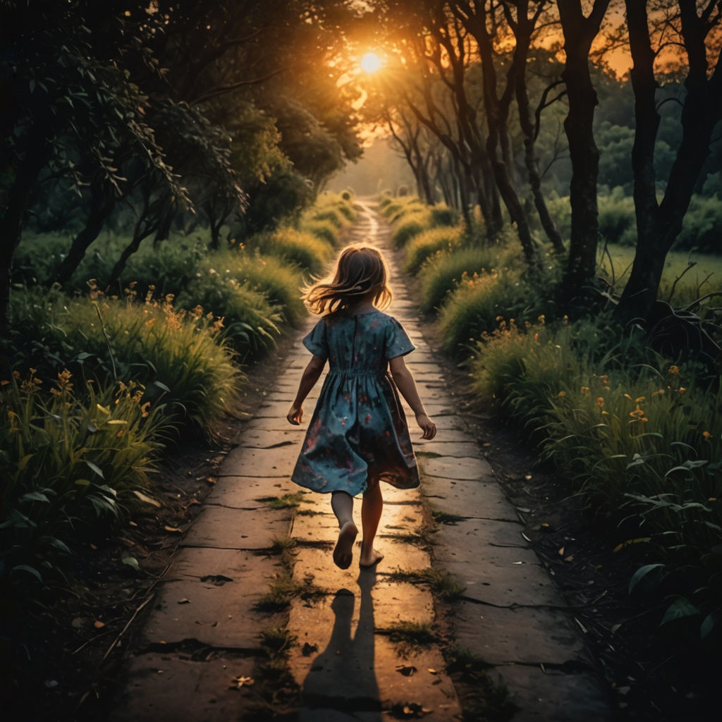  A barefoot little girl running along a path into a sunset, 