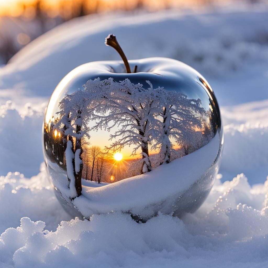 closeup professional photograph reflection of a winter_snow_scene at sunset, seen in a perfect polished ...  by @Pjrockey