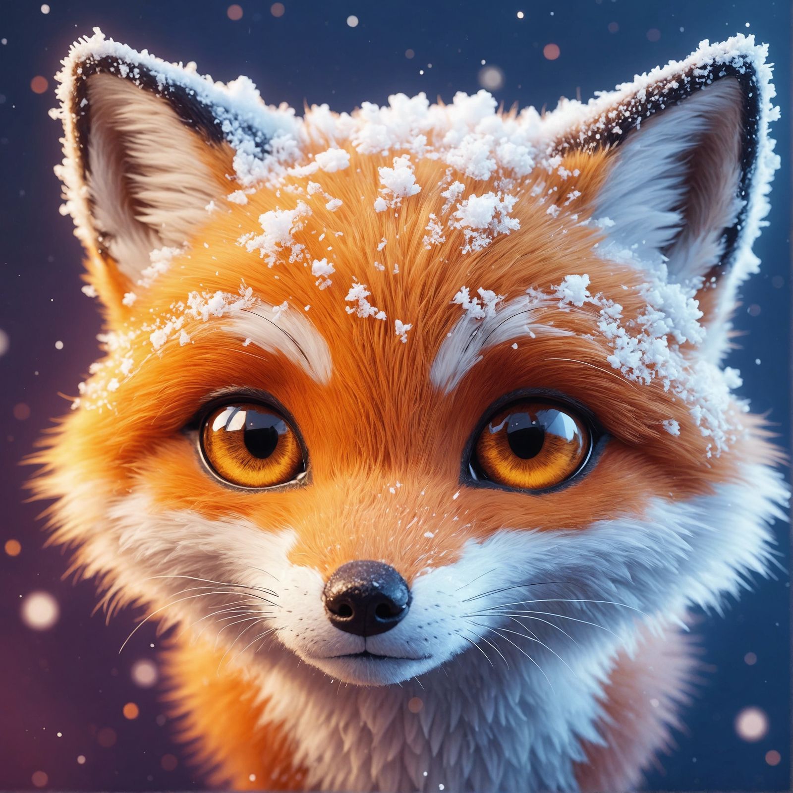 Adorable cute fluffy stunning baby fox head covered in snow, cute gorgeous fluffy orange fur, cute CGI cartoon Fox, cute...