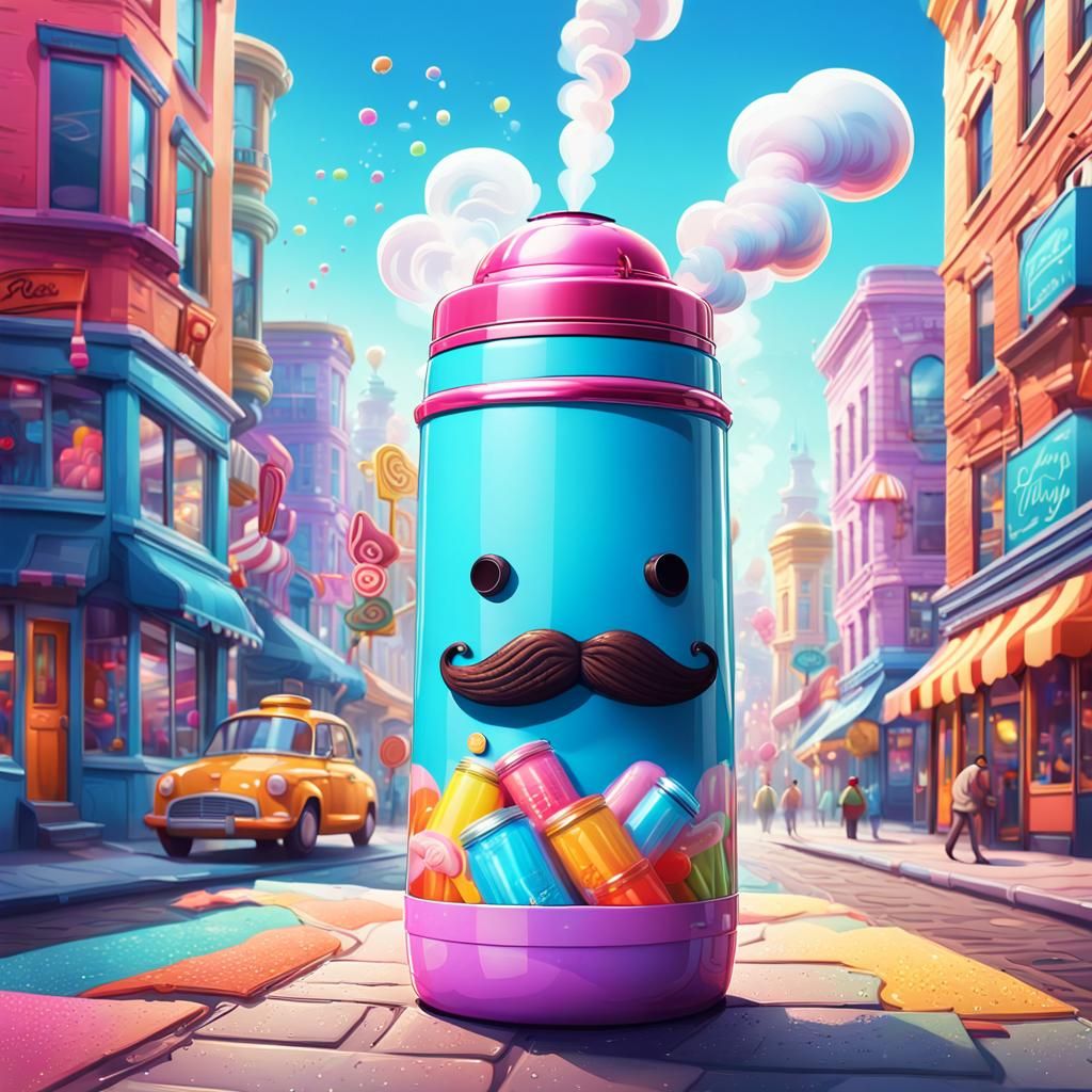 A mustachioed thermos with a smoking tea is walking around the city