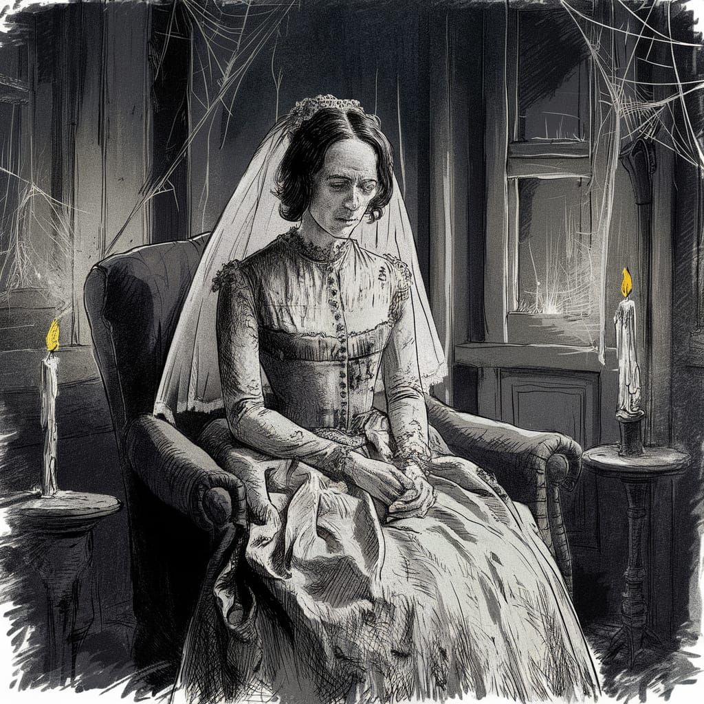 Ink sketch children's illustration of Mrs Haversham sat wear...