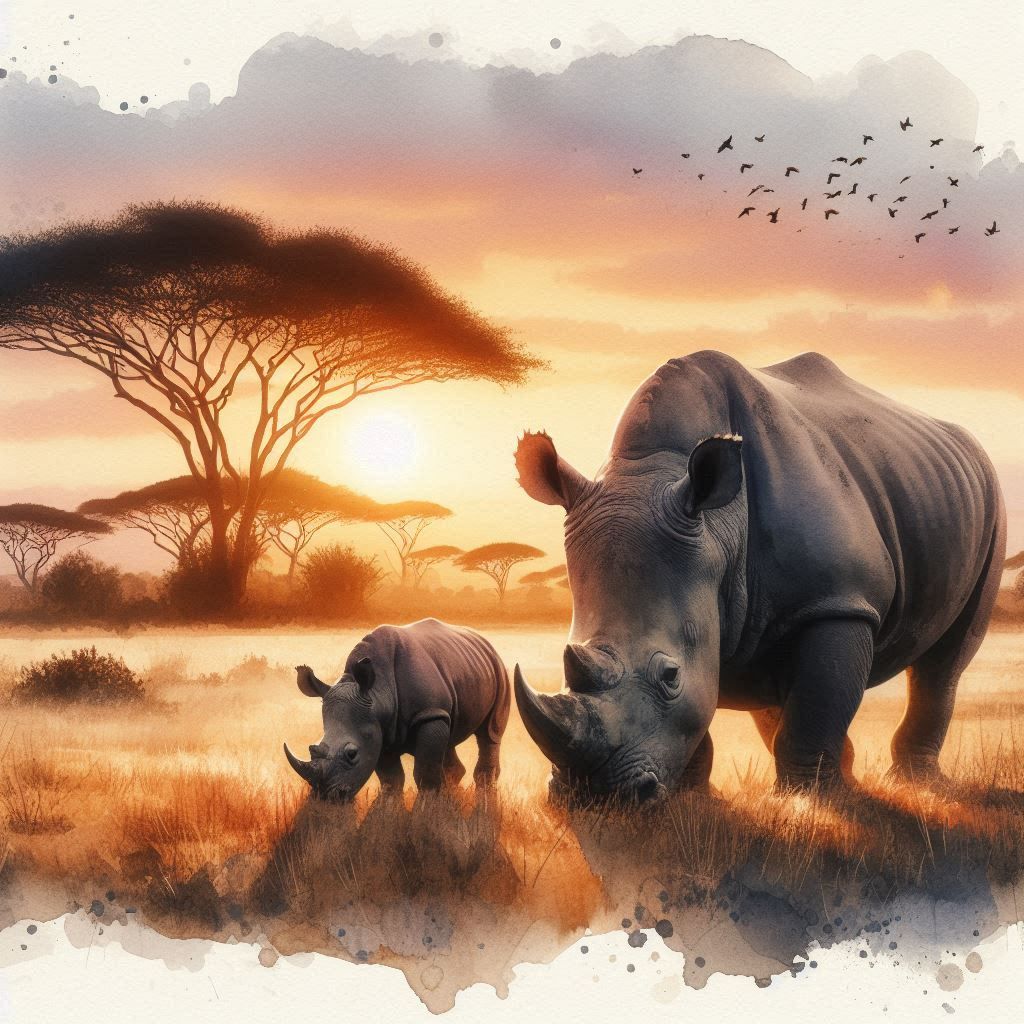 Rhino mother and her young calf on the African Savannah
