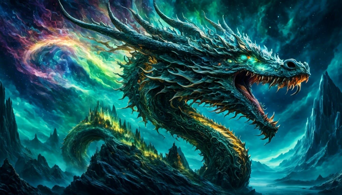 Legendary dragon in aurora borealis