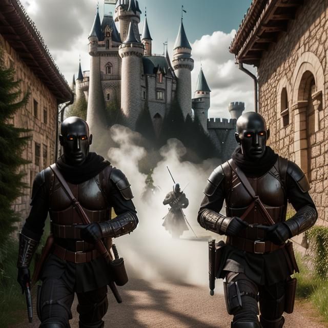 <lora:Shadow People SD:1.0> Shadow warriors patrol near the castle