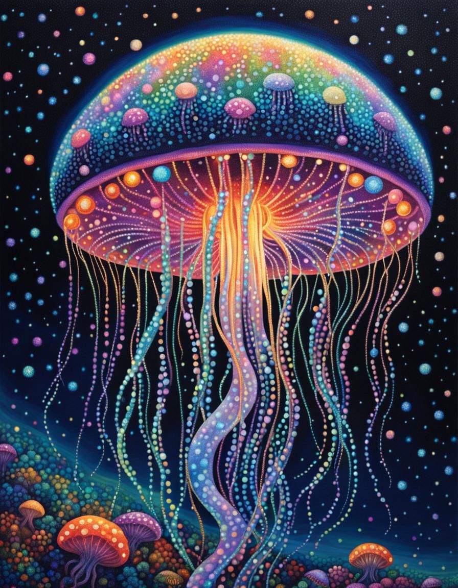 Luminous Jellyfish in Pointillism Style with Metallic Dots