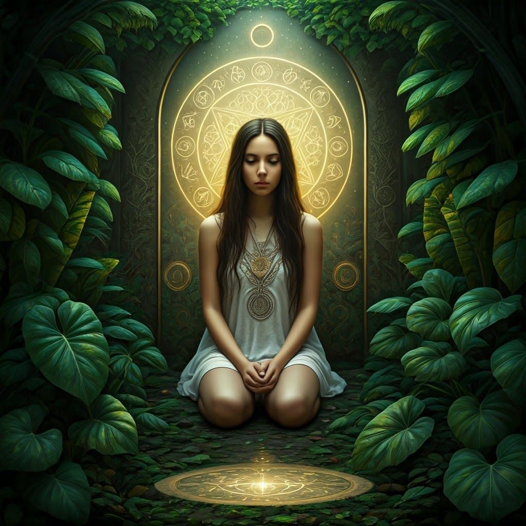 Ethereal Goddess in Lush Green Sanctuary