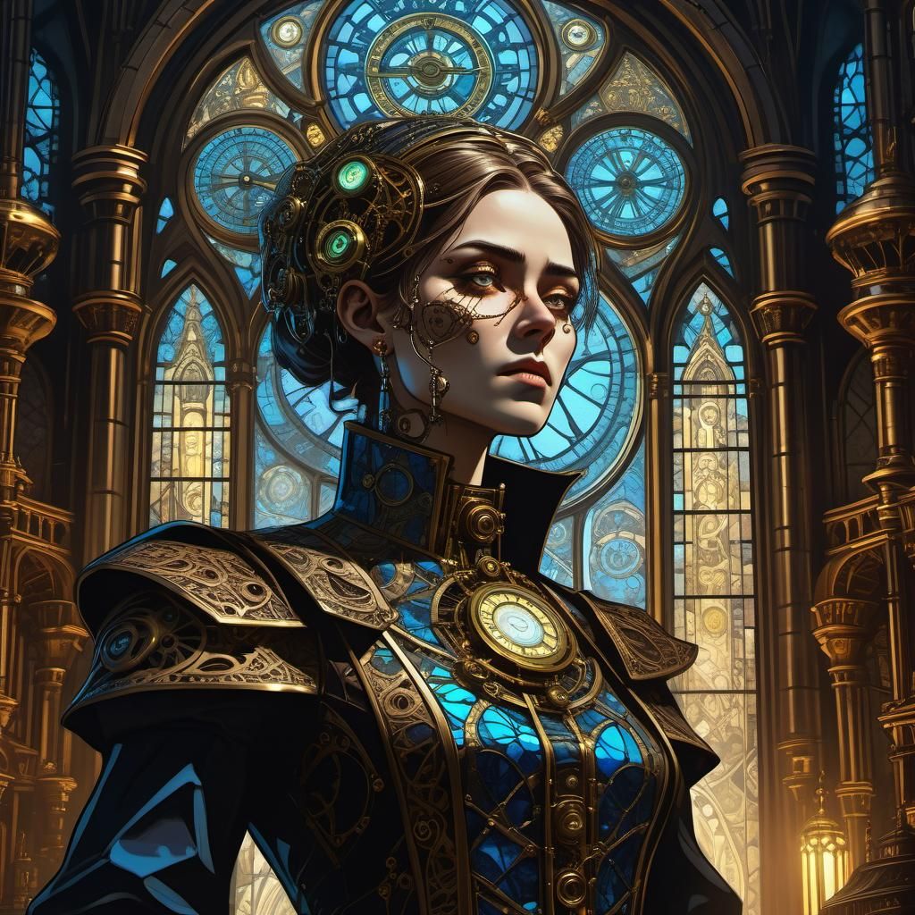 Steampunk Neo-gothic temple complex concept art. Mid shot, 2/3 face angle. An ancient priestess stands amidst clockwork machinery, surrounde...