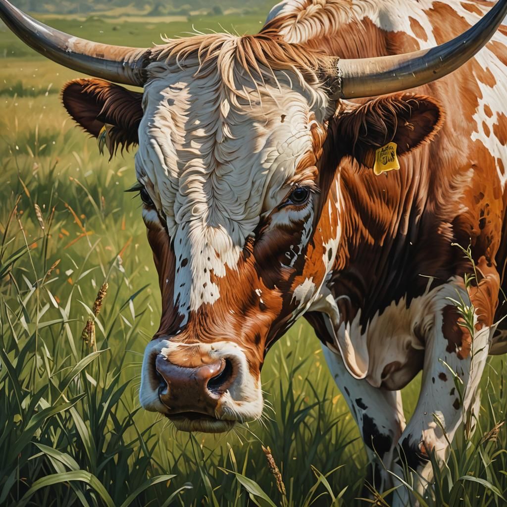 Longhorn cow Eating grass.
