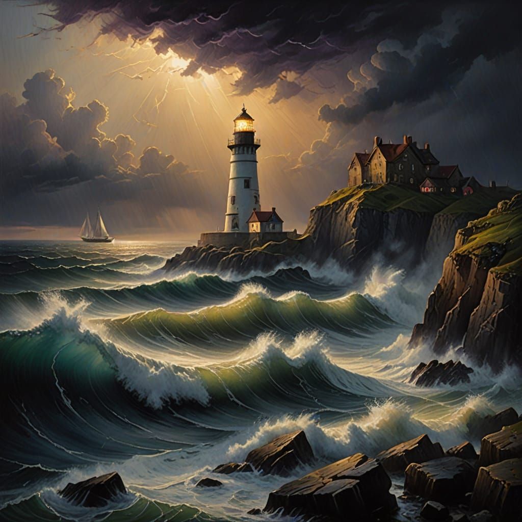 Golden Lighthouse in Turbulent Seas