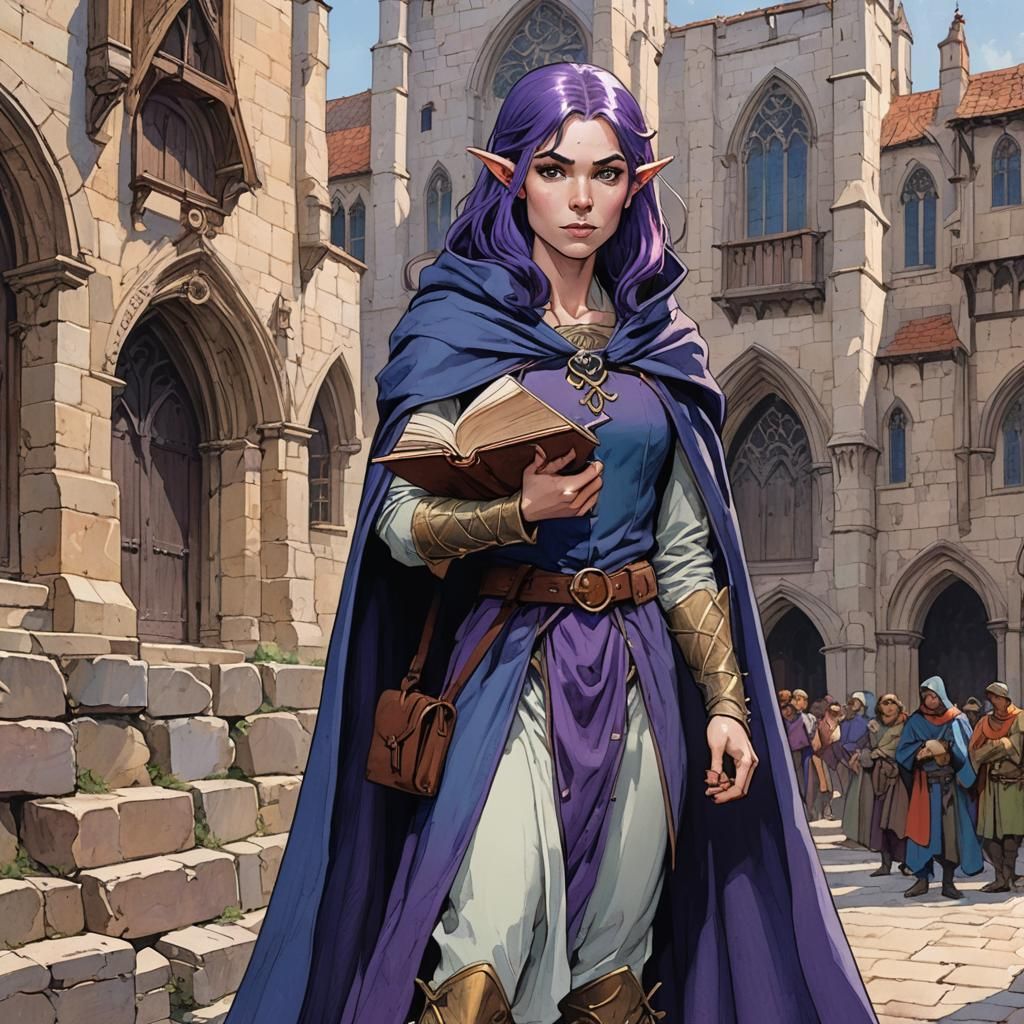 female half-elf, with purple hair. Blue cloak. She has Books...