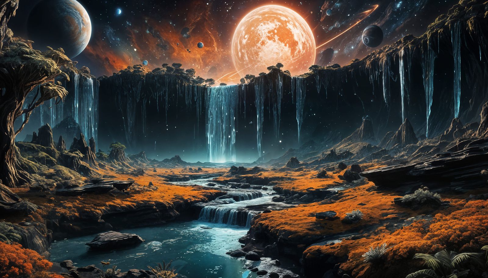 Distant Icy Planet Descends on a Deserted Oasis World