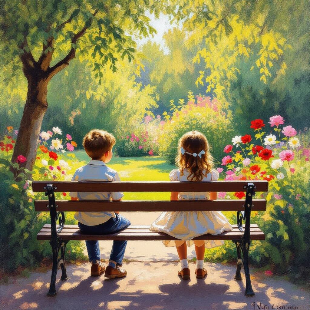 Twins on Garden Bench in Golden Sunlight