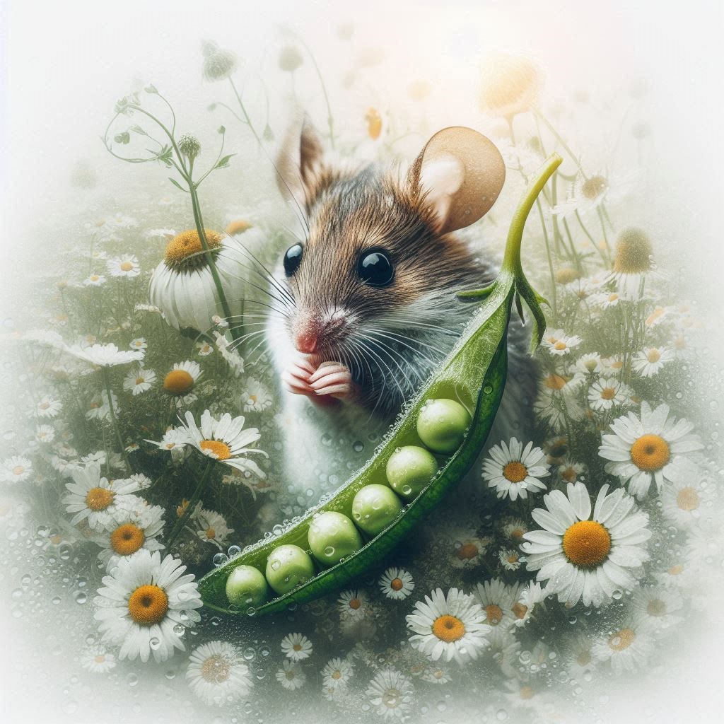 A mouse in a chamomile field