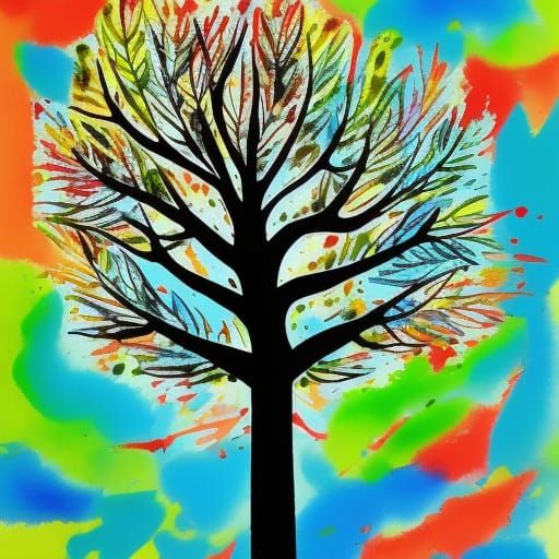 Line drawn tree, full leaves, splatter art