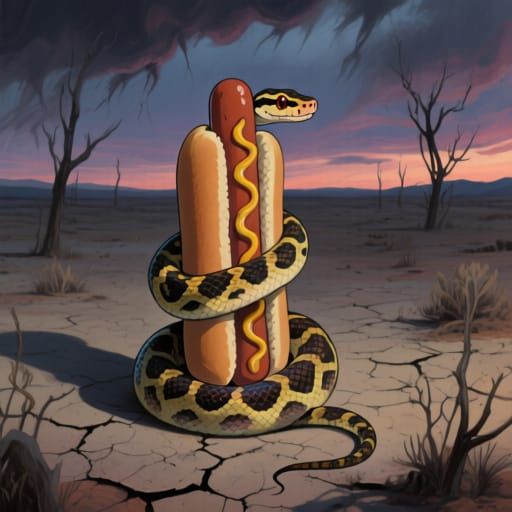 A solitary ball python coiled around a vertical hotdog in a desolate, windswept plain under a bruised, twilight sky. The landscape stretches...