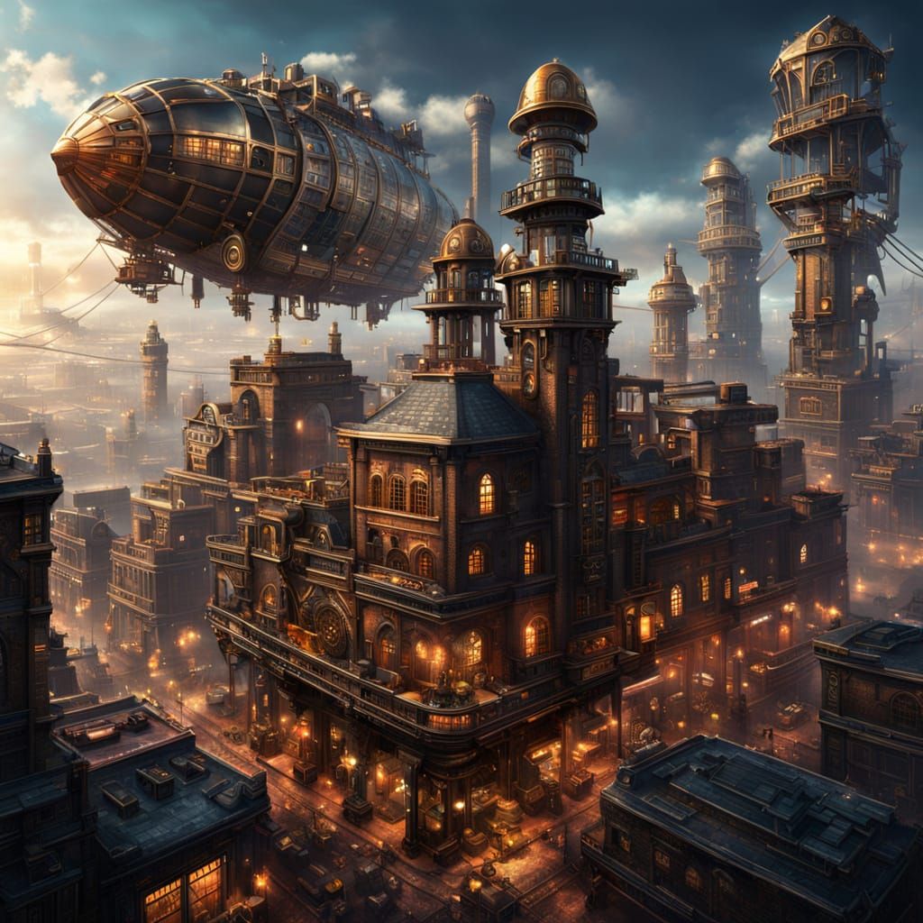 a vast steampunk cityscape features brass buildings  by @undefined