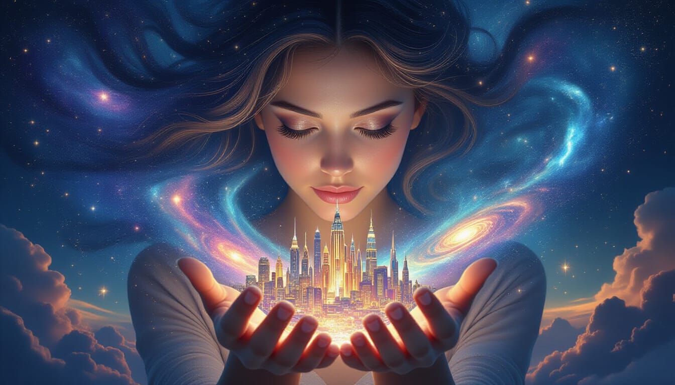 A colossal woman, her form made of swirling stardust and nebulae, gently cradles a miniature, vibrant city within her cupped hands. Her eyes...