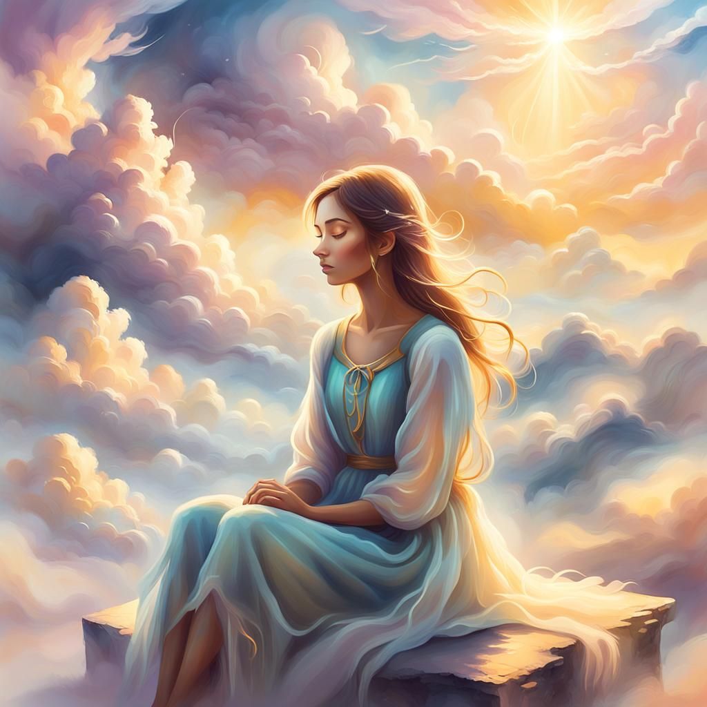 Sad girl sits alone against the backdrop of a fantasy world