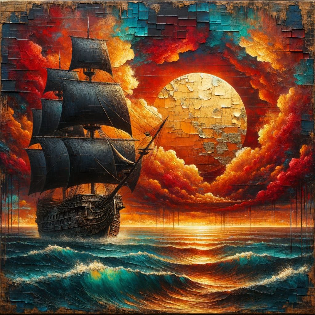 Galleon Ship at Fiery Sunset Impasto Painting