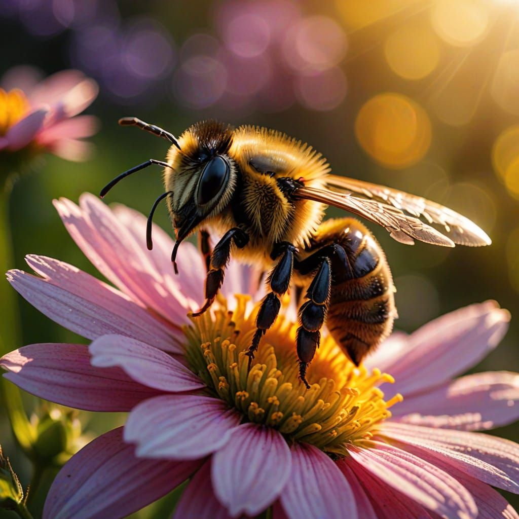 A bee collects nectar from a colorful flower.  by @Phantazia
