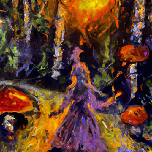 A fairy in the forest with Toadstools, lit by small orbs, la...
