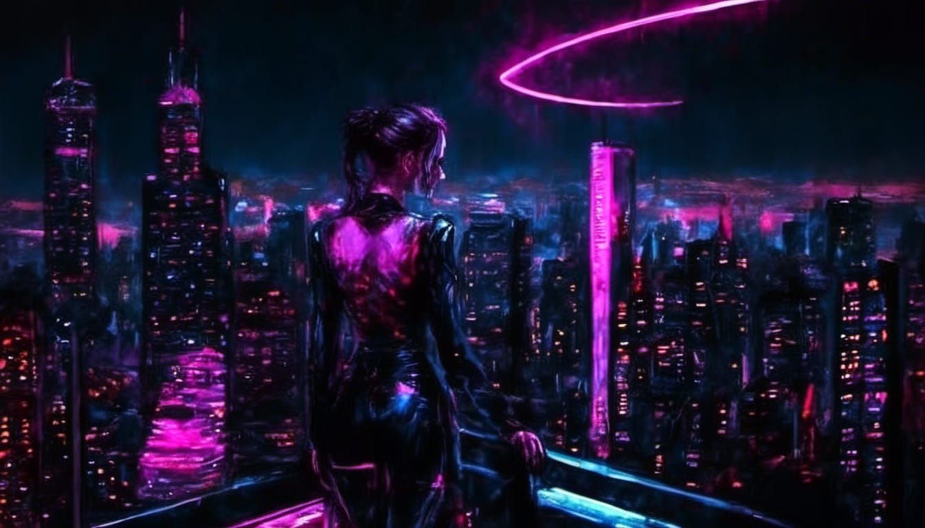 Woman Overlooking Cyberpunk City in Gothic Punk Style