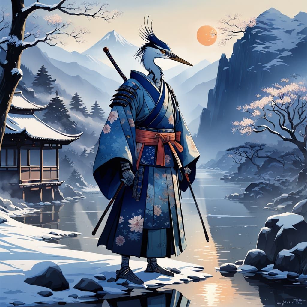 Zen fantasy heron samurai  by @Dark Magoo